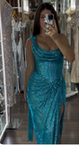 Evafashion Turquoise Scoop Neck Sheath Sequin Long Prom Dresses Formal Evening Gowns with Slits HZ1024