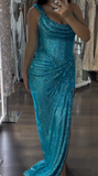 Evafashion Turquoise Scoop Neck Sheath Sequin Long Prom Dresses Formal Evening Gowns with Slits HZ1024