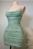 Evafashion Mint Green Spaghetti Straps Bodycon Beaded Chiffon Short Prom Dresses Homecoming Dresses HZ1024