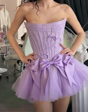 Evafashion White Strapless A-Line Satin Tulle Short Prom Dresses Homecoming Dresses with Bow HZ1024