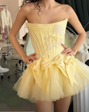 Evafashion White Strapless A-Line Satin Tulle Short Prom Dresses Homecoming Dresses with Bow HZ1024