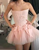 Evafashion White Strapless A-Line Satin Tulle Short Prom Dresses Homecoming Dresses with Bow HZ1024