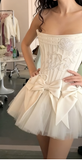 Evafashion White Strapless A-Line Satin Tulle Short Prom Dresses Homecoming Dresses with Bow HZ1024