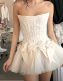Evafashion White Strapless A-Line Satin Tulle Short Prom Dresses Homecoming Dresses with Bow HZ1024