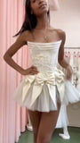 Evafashion White Strapless A-Line Satin Tulle Short Prom Dresses Homecoming Dresses with Bow HZ1024