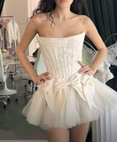 Evafashion White Strapless A-Line Satin Tulle Short Prom Dresses Homecoming Dresses with Bow HZ1024