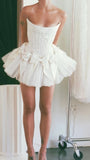 Evafashion White Strapless A-Line Satin Tulle Short Prom Dresses Homecoming Dresses with Bow HZ1024