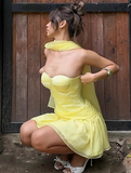 Evafashion Butter Yellow Strapless A-Line Satin Tulle Short Prom Dresses Homecoming Dresses HZ1024