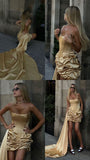 Evafashion Yellow Spaghetti Straps Sheath Satin Short Prom Dresses Homecoming Dresses HZ1024