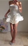 Evafashion White Strapsless A-Line Satin Short Prom Dresses Homecoming Dresses with Bow HZ1024