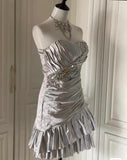 Evafashion Silver Strapless Sheath Satin Beaded Short Prom Dresses Homecoming Dresses HZ1024