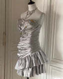 Evafashion Silver Strapless Sheath Satin Beaded Short Prom Dresses Homecoming Dresses HZ1024