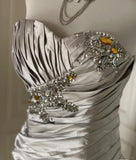 Evafashion Silver Strapless Sheath Satin Beaded Short Prom Dresses Homecoming Dresses HZ1024