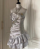 Evafashion Silver Strapless Sheath Satin Beaded Short Prom Dresses Homecoming Dresses HZ1024