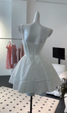 Evafashion White Square Neck A-Line Satin Short Prom Dresses Homecoming Dresses HZ1024