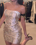 Evafashion Champagne Strapless Bodycon Satin Beaded Short Prom Dresses Fashion Homecoming Dresses HZ1024