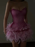 Evafashion Fuchsia Strapless Bodycon Beading Feathers Short Prom Dresses Fashion Homecoming Dresses HZ1024