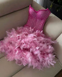Evafashion Fuchsia Strapless Bodycon Beading Feathers Short Prom Dresses Fashion Homecoming Dresses HZ1024