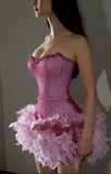 Evafashion Fuchsia Strapless Bodycon Beading Feathers Short Prom Dresses Fashion Homecoming Dresses HZ1024
