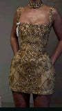 Evafashion Light Champagne Spaghetti Straps Bodycon Beaded Short Prom Dresses Homecoming Dresses with Rhinestones HZ1024