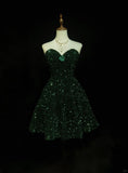 Evafashion Dark Green Sweetheart Neck A-Line Sequin Short Prom Dresses Homecoming Dresses HZ1024