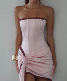 Evafashion Pink Strapless Bodycon Satin Short Prom Dresses Homecoming Dresses HZ1024