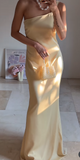 Evafashion Butter Yellow One Shoulder Sheath Satin Long Prom Dresses Formal Evening Gowns HZ1024