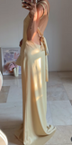 Evafashion Butter Yellow One Shoulder Sheath Satin Long Prom Dresses Formal Evening Gowns HZ1024