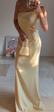 Evafashion Butter Yellow One Shoulder Sheath Satin Long Prom Dresses Formal Evening Gowns HZ1024