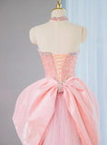 Evafashion Pink Strapless Mermaid Tulle Beaded Long Prom Dresses Wedding Dress with Bow HZ1024