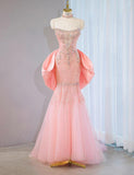 Evafashion Pink Strapless Mermaid Tulle Beaded Long Prom Dresses Wedding Dress with Bow HZ1024