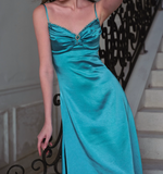 Evafashion Blue Spaghetti Straps Sheath Satin Long Prom Dresses French Evening Gowns HZ1024