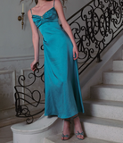 Evafashion Blue Spaghetti Straps Sheath Satin Long Prom Dresses French Evening Gowns HZ1024