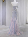 Evafashion Lilac Strapless Mermaid Tulle Rhinestone Long Prom Dresses Formal Evening Gowns HZ1024