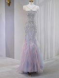 Evafashion Lilac Strapless Mermaid Tulle Rhinestone Long Prom Dresses Formal Evening Gowns HZ1024