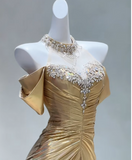 Evafashion Yellow Off Shoulder Mermaid Satin Long Prom Dresses Formal Evening Gowns HZ1024