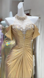 Evafashion Yellow Off Shoulder Mermaid Satin Long Prom Dresses Formal Evening Gowns HZ1024