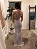 Evafashion Purple Spaghetti Straps Mermaid Sequin Satin Long Prom Dresses Formal Evening Gowns with Open Back HZ1024