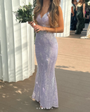 Evafashion Purple Spaghetti Straps Mermaid Sequin Satin Long Prom Dresses Formal Evening Gowns with Open Back HZ1024