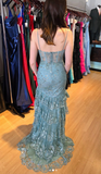 Evafashion Soft Green Spaghetti Straps Mermaid Tulle Sequin Long Prom Dresses Formal Evening Gowns HZ1024