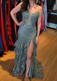 Evafashion Soft Green Spaghetti Straps Mermaid Tulle Sequin Long Prom Dresses Formal Evening Gowns HZ1024