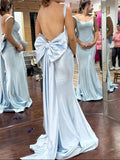 Evafashion Light Blue Square Neck Mermaid Satin Long Prom Dresses Formal Backless Evening Gowns with Bow HZ1024