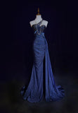 Evafashion Navy Blue One Shoulder Mermaid Glitter Satin Long Prom Dresses Formal Evening Gowns with Open Back HZ1024