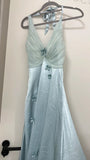Evafashion Grey Blue V Neck Sheath Satin Prom Dresses Fashion Party Dress with Applique HZ1024