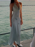 Evafashion Grey Blue V Neck Sheath Satin Prom Dresses Fashion Party Dress with Applique HZ1024