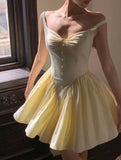 Evafashion Yellow Spaghetti Straps A-Line Satin Short Party Dress Homecoming Dress HZ1024