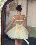 Evafashion Yellow Spaghetti Straps A-Line Satin Short Party Dress Homecoming Dress HZ1024