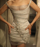 Evafashion Silver Off Shoulder Bodycon Lace Rhinestone Short Party Dress Homecoming Dress HZ1024