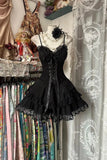 Evafashion Spaghetti Straps Black A-Line Tulle Lace Short Prom Dresses Homecoming Dresses HZ1024