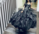 Evafashion Black Strapless A-Line Satin Long Prom Dresses Formal Evening Gowns HZ1024